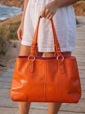 Nine West Orange Tote Bag Pink Lined Shoulder Purse Coastal Pop Chic